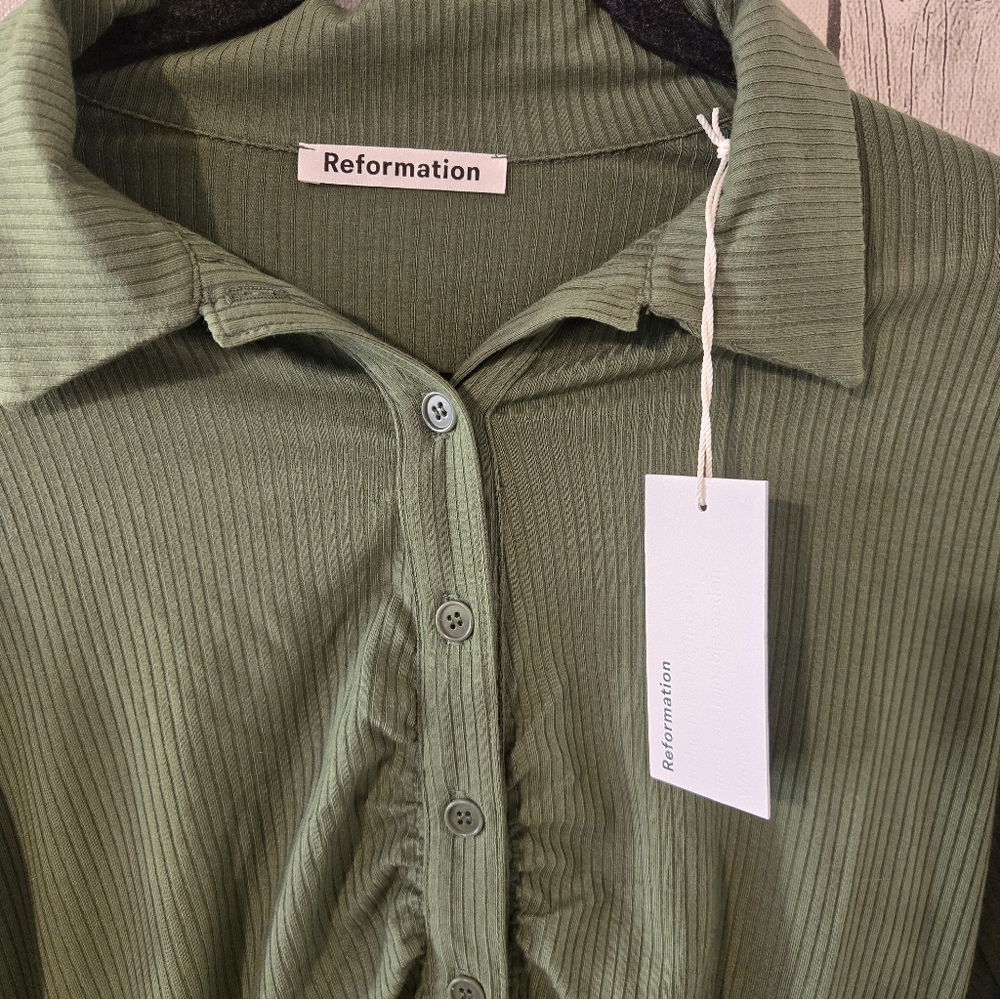 Reformation Amy Knit Dress Green Ribbed Button Front Mini Dress Size L NWT - Picture 6 of 7